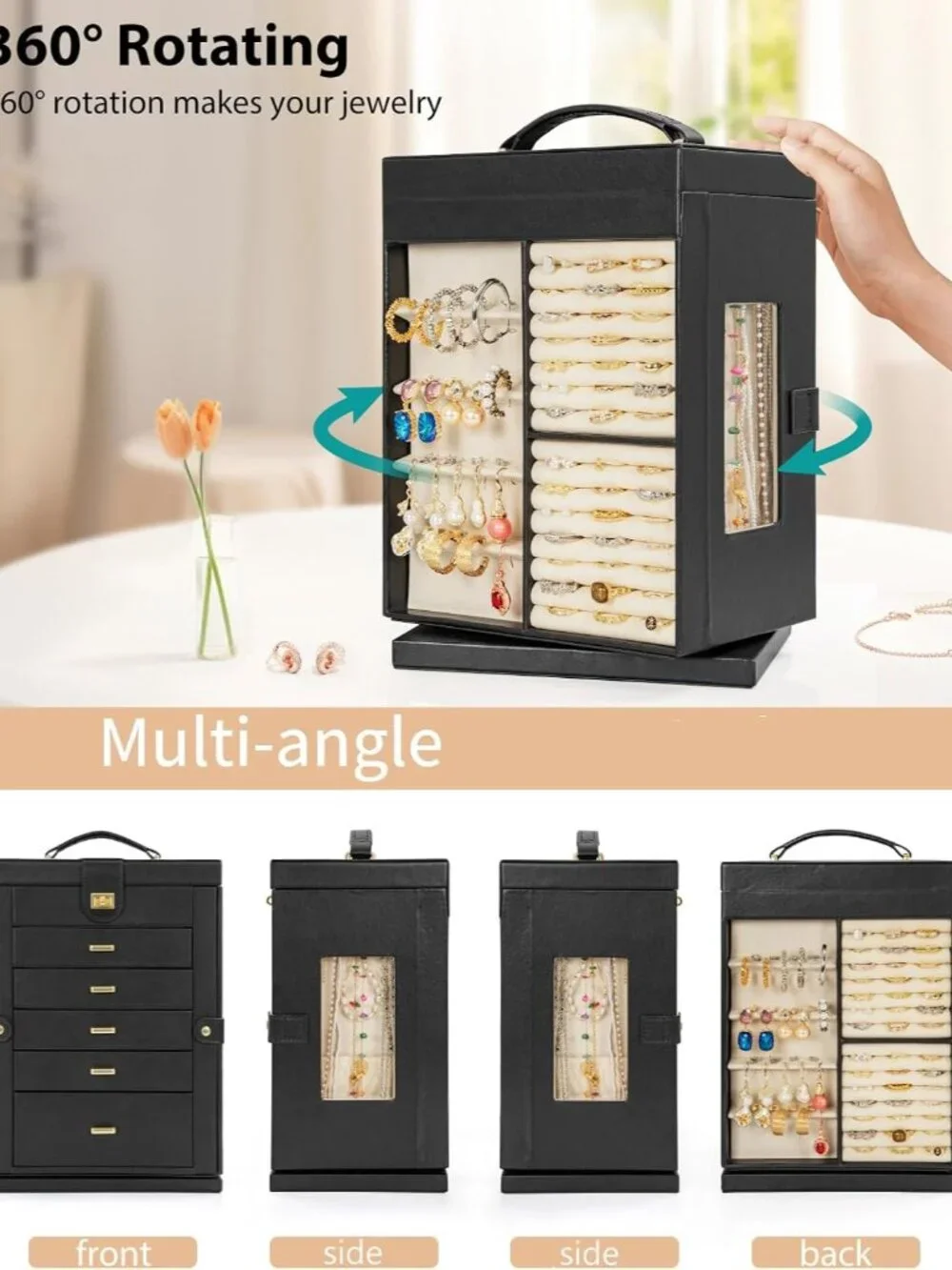 Elegant 6-Tier Leather Jewelry Organizer with Mirror & 360° Rotation
